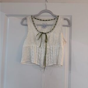 With Jean White Eyelet Crop Top with Olive Ribbon